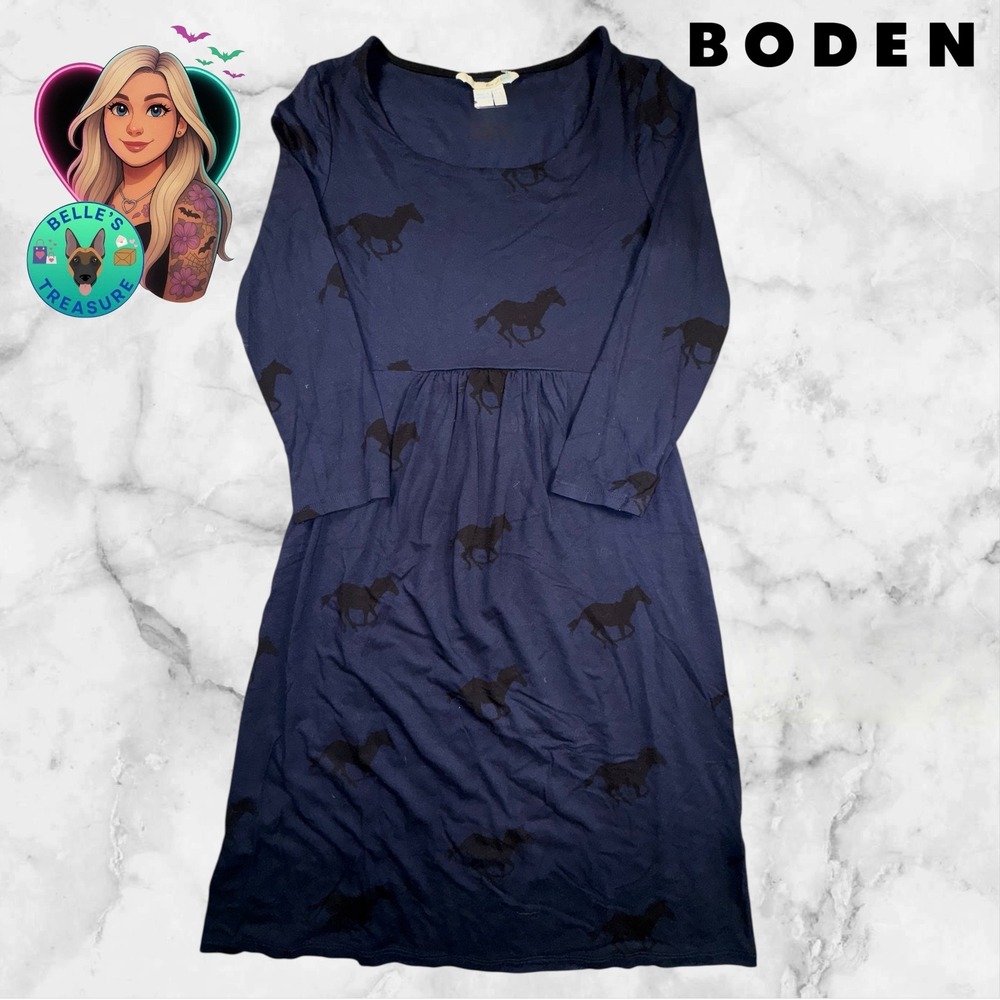 Boden Navy Horse 3/4 Sleeve Dress Women 4 Babydoll Soft Jersey Old Money Western